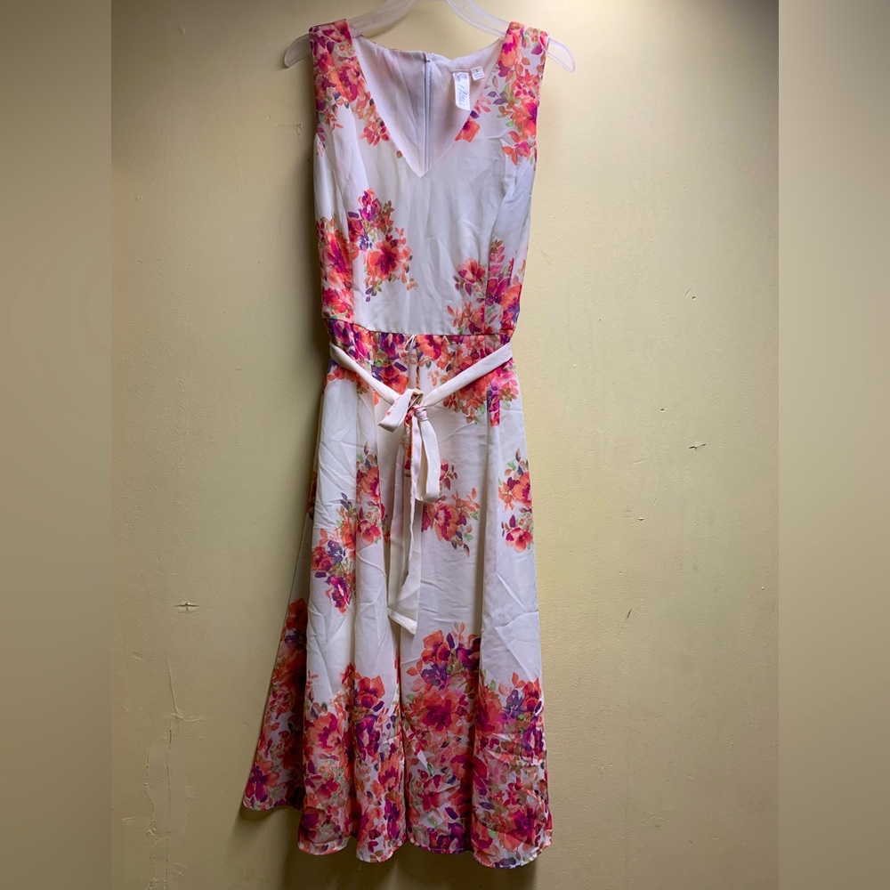 Below the knee v-neck chiffon cream floral dress